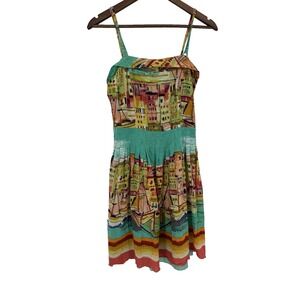 Rene Derhy Vintage Inspired Cotton Dress Multicolor Cityscape Print Lined S vaca